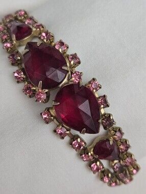 Vintage Multi-Strand Rhinestone Bracelet W/Chaton Crystal &  Deep Ruby Teardrops
